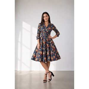 Lindy Bop Blue Floral Tapestry Swing Dress 50s Retro Pinup 3/4‎ Sleeve US M
